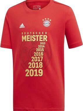 adidas Red FC Bayern 'Deutscher Meister' Graphic Tee with Gold Accents